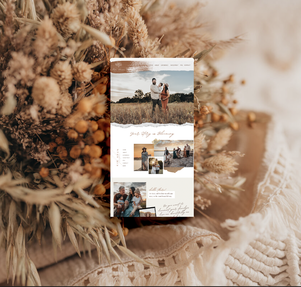 Website Mockup in front of dried flowers.